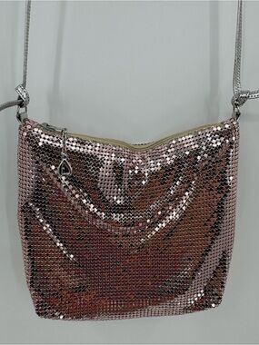 Whiting & Davis Vintage 80s Iconic Crystal Pink Metal Mesh Made In USA Crossbody